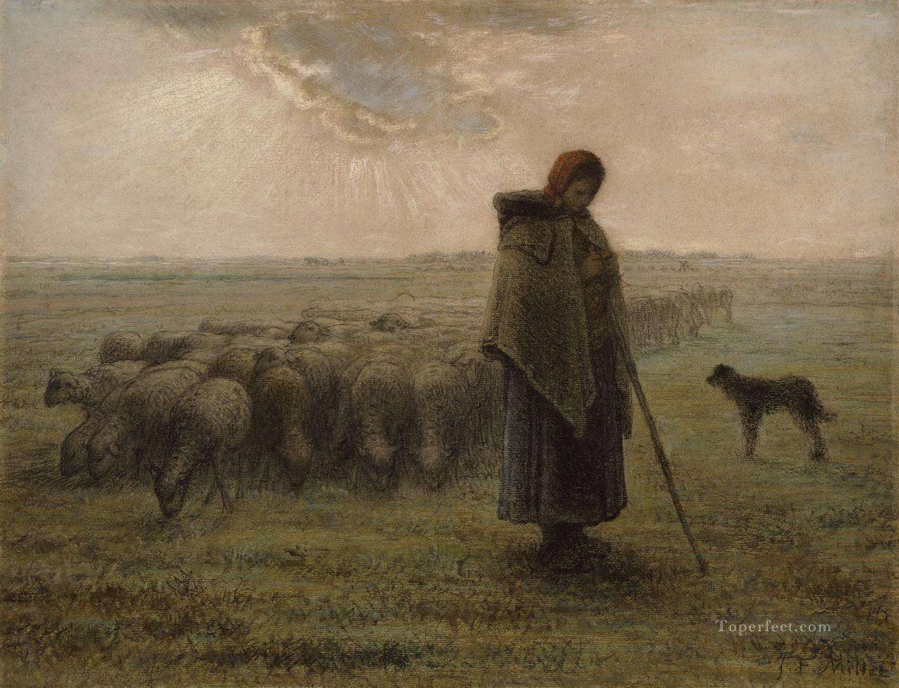 Shepherdess with Her Flock ATC Barbizon naturalism realism farmers Jean Francois Millet Oil Paintings